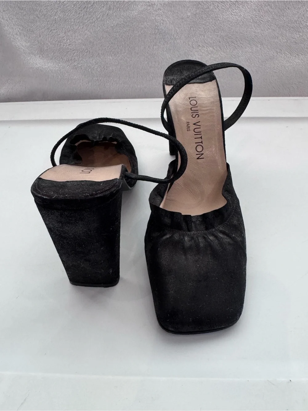 Louis Vuitton Black Suede Square Toe Slingback Heels